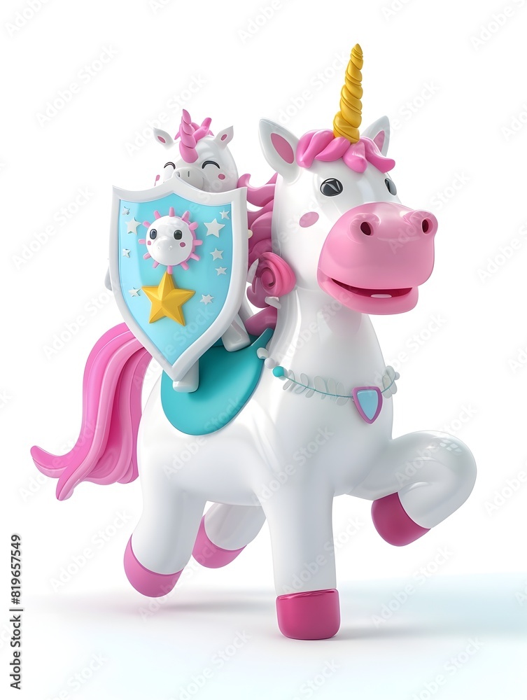 Cartoon Unicorn Antivirus Hero Defending Against Cyber Threats on White Background