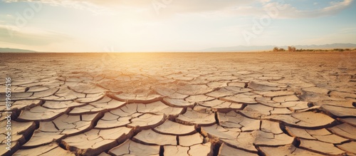 During summer the parched ground appears cracked with no moisture creating a barren landscape. Copy space image. Place for adding text and design