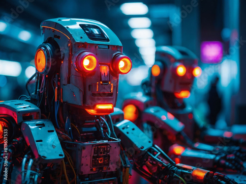 Neon-drenched robot assembly line in cyberpunk city.