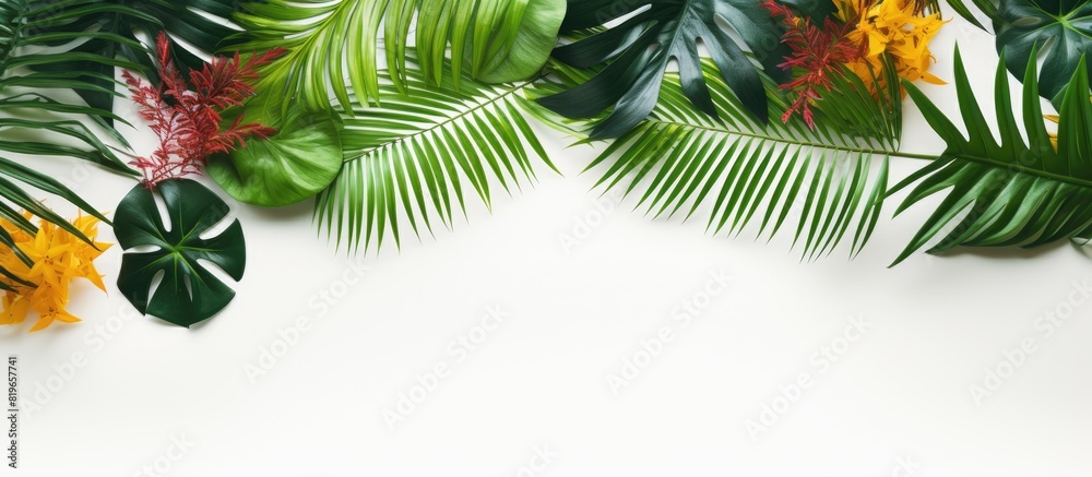 Naklejka premium A border arrangement featuring vibrant tropical leaves on a white backdrop creating a minimalistic and exotic summer concept with ample copy space image