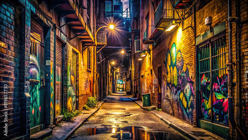 An atmospheric shot of a dimly lit alley adorned with mysterious graffiti artworks, evoking a sense of urban intrigue and excitement photo
