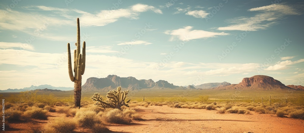 A solitary lifeless Saguaro Cactus standing alone in the vast Phoenix desert landscape with copy space image A solitary lifeless Saguaro Cactus standing alone in the vast Phoenix desert landscape with copy space image