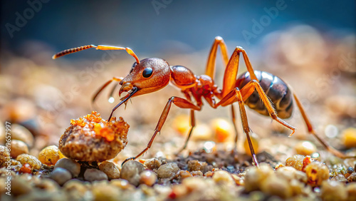 Detailed close-up of an ant carrying a tiny piece of food, showcasing its strength and determination. © prasit