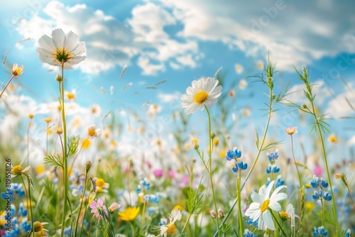 Beautiful chamomile and blue wild peas meadow in morning light against sky with clouds