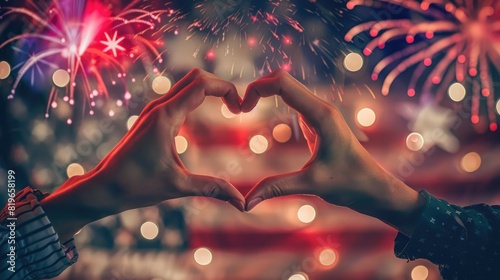 Hands forming a heart shape with fireworks and an American flag in the background photo