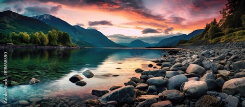 A stunning Norwegian summer landscape at a fjord beach during a vibrant sundown dusk perfect for a scenic copy space image photo