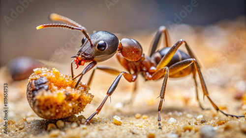 Close-up of an ant carrying a food crumb, showcasing mandibles and segmented body © prasit