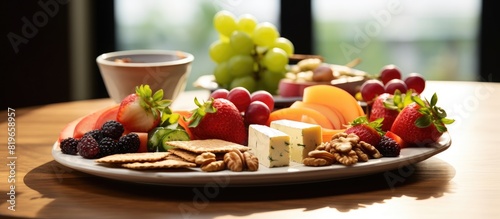 A fresh and healthy snack with crispbread fruits berries hamon and cheese displayed on a plate with copy space image photo