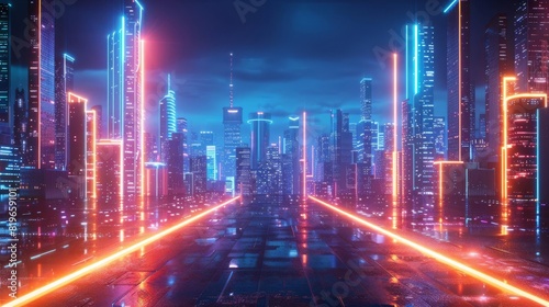 Futuristic cityscape with glowing neon lights and Pride elements around the edges, central area left blank for text
