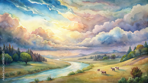 A picturesque countryside landscape with a winding river, grazing horses, and fluffy clouds drifting across a watercolor sky photo