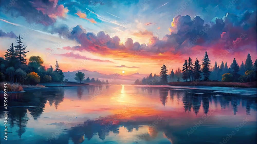 A serene sunset over a tranquil lake, with colorful reflections dancing on the water's surface amidst a backdrop of silhouetted trees 