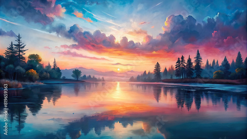 A serene sunset over a tranquil lake, with colorful reflections dancing on the water's surface amidst a backdrop of silhouetted trees  photo