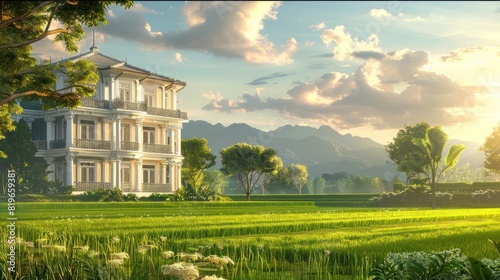Elegant TwoStory Mansion Overlooking Lush Green Rice Paddies in Vibrant Digital Painting photo
