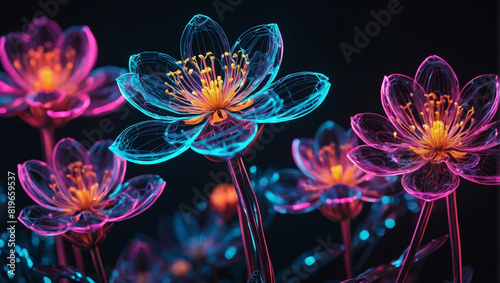 Neon Cyber Blossoms  Digital Futuristic Flower Wallpaper with Glowing Wireframe Blooms.