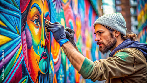 A close-up shot of a graffiti artist painting a colorful mural on a city wall, capturing the energy and creativity of street art culture