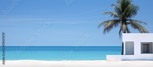 Tropical White House with a palm fringed beach and a clear blue ocean in the background ideal for a copy space image photo