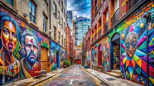 A panoramic view of a city alley transformed into an outdoor gallery of street art  showcasing a diverse array of artistic styles and messages