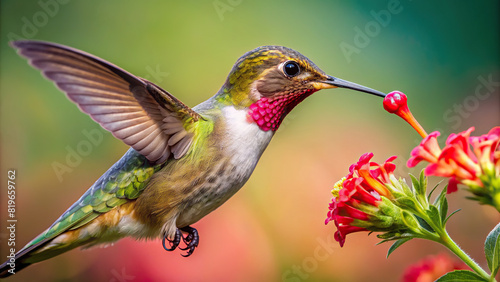 Detailed image of a hummingbird sipping nectar from a flower, clear background photo