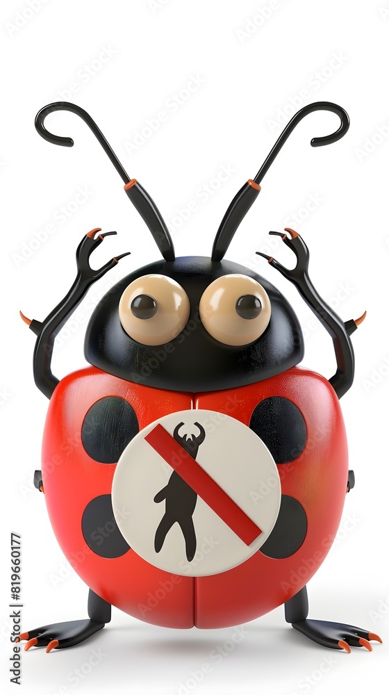 Obraz premium Cute Ladybug Icon with No-Entry Sign on Isolated White Background