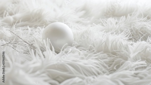 White ball on slage on white fur background. Decorative Christmas, new year, winter holidays