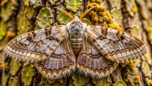Detailed macro shot of a moth resting on a tree trunk, with clear background, displaying its furry body and intricate wing patterns