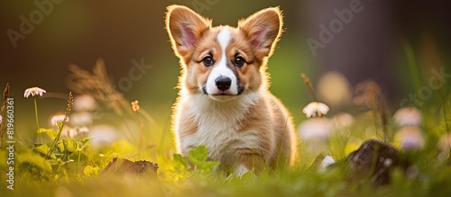 Charming outdoor portrait of a cute Welsh Corgi Pembroke puppy with copy space image