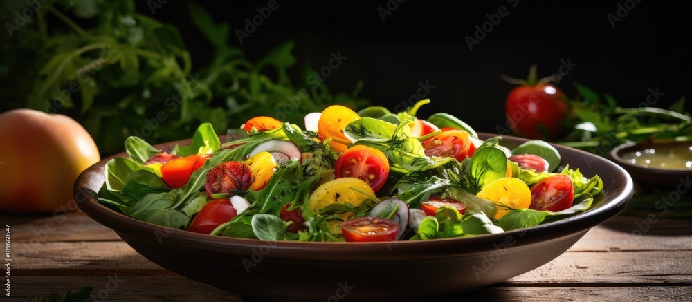 Salad with spinach arugula and heirloom tomatoes on a rustic background with copy space image