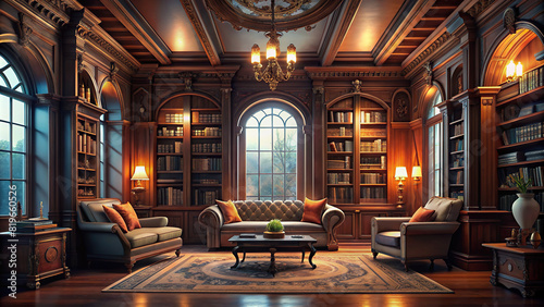 Luxurious home library with rich wood paneling and cozy reading nooks, a haven for book lovers photo
