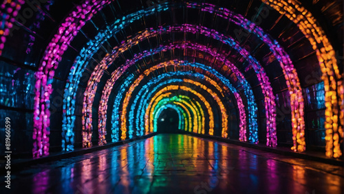 Neon Spectrum Journey  Abstract Tunnel with Multicolor Background  Neon Lights Speeding Through the Darkness.