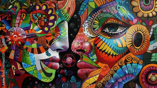 A vibrant and energetic street art-inspired mural painting 
