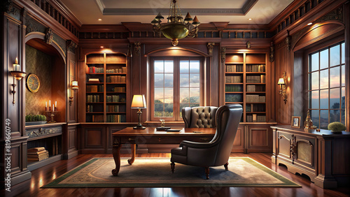 Luxury home office with a mahogany desk, leather chair, and built-in bookshelves