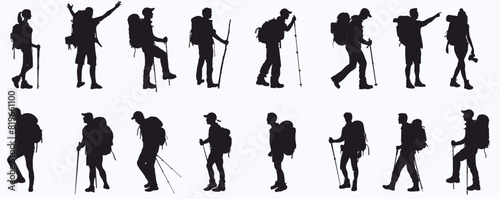 Hiker silhouette set. Backpack hiker with hiking pole on isolated white background. 