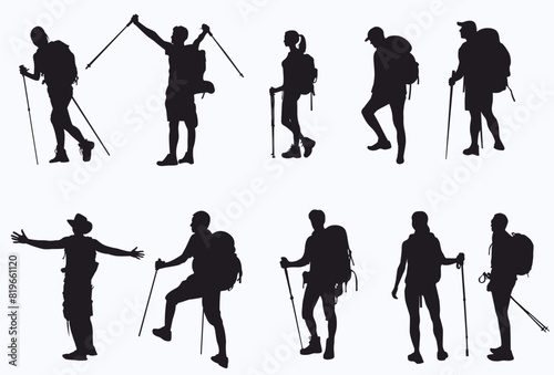 Hiker silhouette set. Backpack hiker with hiking pole on isolated white background. 