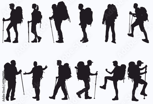 set of hiker people silhouette. 