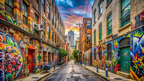A panoramic view of a bustling city street adorned with vibrant graffiti tags, capturing the dynamic spirit and artistic expression of urban culture © rattinan