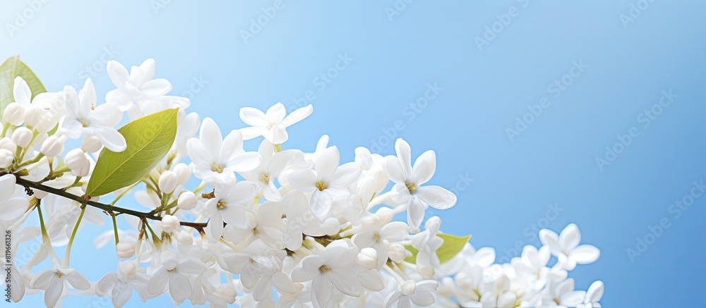 An elegant nature image featuring beautiful white lilac flowers against a blue sky backdrop in banner format with a focus on the flowers and ample copy space An elegant nature image featuring beautiful white lilac flowers against a blue sky backdrop in banner format with a focus on the flowers and ample copy space
