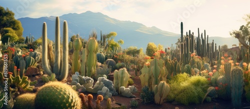 The garden is filled with numerous stunning cacti creating a picturesque scene with a copy space image photo