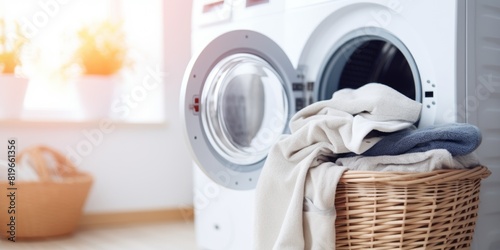 A basket of laundry with a washing machine in the background. Generative AI.