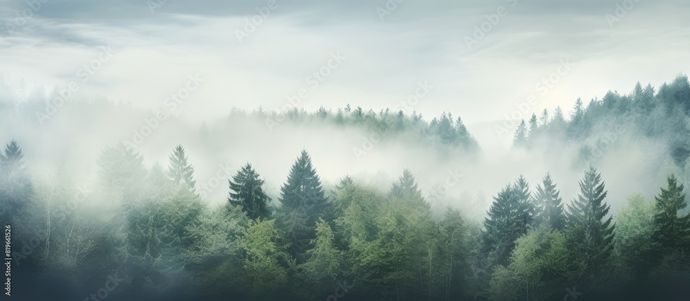 Fototapeta premium Misty forest scenery with fog among trees revealing the sky with copy space image
