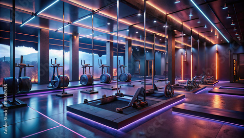 Modern fitness studio with state-of-the-art equipment and mirrored walls, energizing and motivating photo