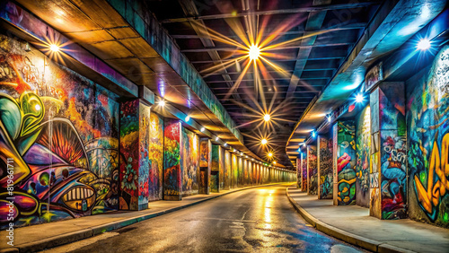 A wide-angle view of a graffiti-covered underpass, illuminated by the soft glow of streetlights, creating a captivating urban scene photo