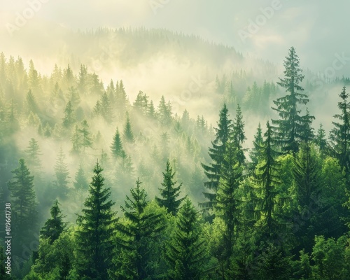 Panoramic view of coniferous forest in misty atmosphere on a beautiful sunny day