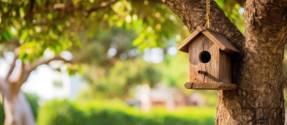 Old wooden birdhouse hangs on a tree trunk in a public park providing a picturesque sight with copy space image Old wooden birdhouse hangs on a tree trunk in a public park providing a picturesque sight with copy space image