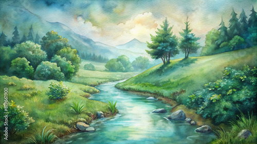 A babbling brook winds its way through the verdant landscape, reflecting the beauty of the surrounding nature photo
