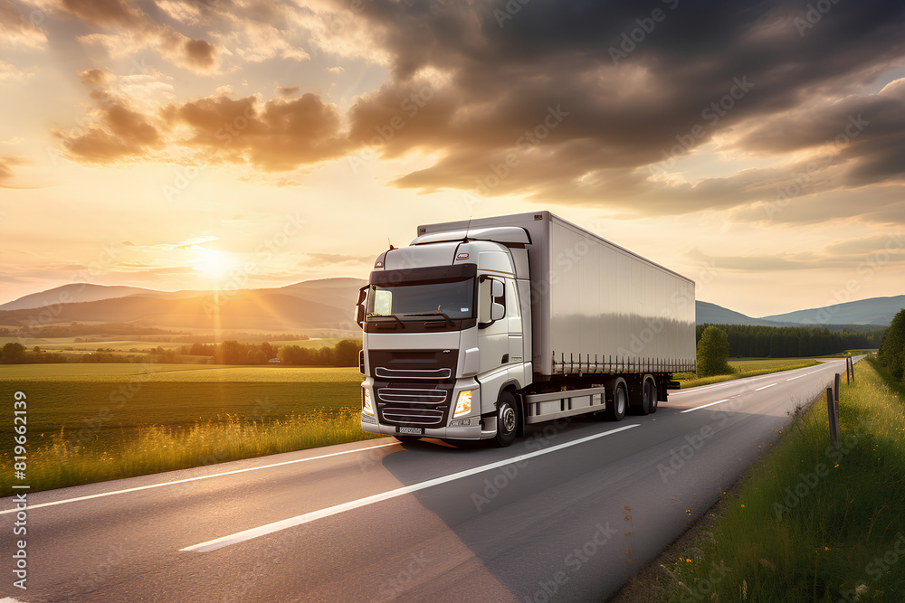 White lorry driving on a highway in the countryside in sunset rays with dramatic clouds White lorry driving on a highway in the countryside in sunset rays with dramatic clouds