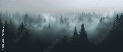 minimalist dark wallpaper  smoke in the distance above pine forest  dark grey and black colors with a subtle gradient effect in the style of forest.