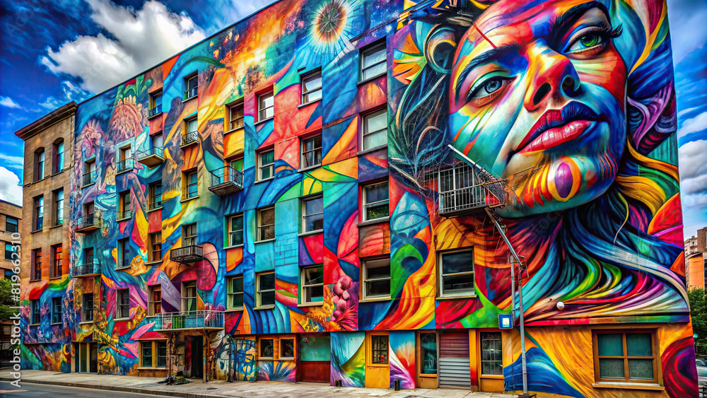 An abstract graffiti mural covering an entire building facade, creating a mesmerizing display of urban artistry and expression