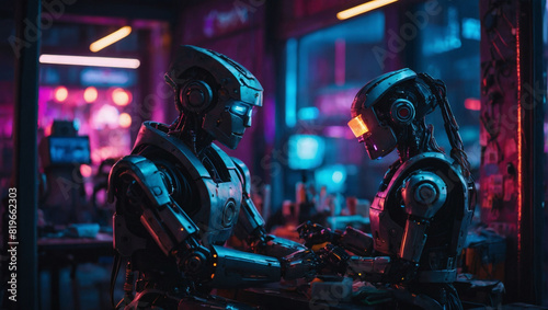 Neon-lit robot workshop in a cyberpunk city.