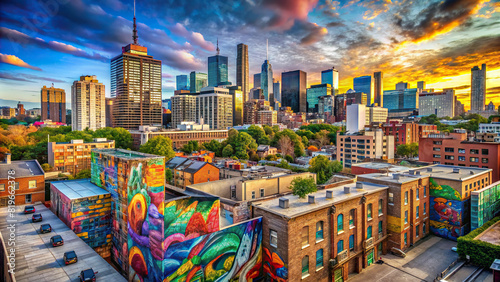 A panoramic shot of a city skyline featuring colorful graffiti murals on the walls of buildings, adding a unique artistic flair to the urban landscape photo