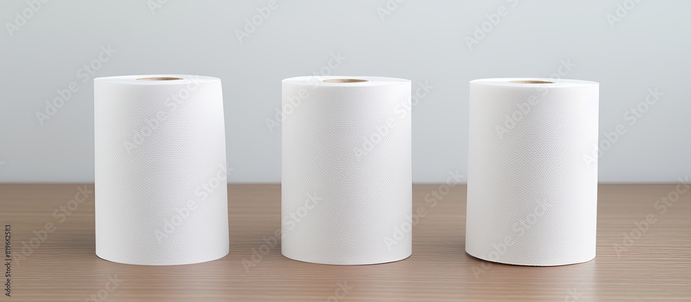 Three toilet paper rolls on the white table. Copy space image. Place for adding text and design Three toilet paper rolls on the white table. Copy space image. Place for adding text and design